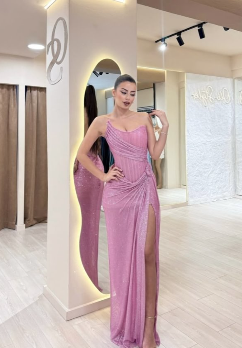 Long Classy Prom Gown Mermaid Strapless Pink Sequins Long Prom Dress Inspiration Party Senior Dance Slit Prom Dresses RB1144
