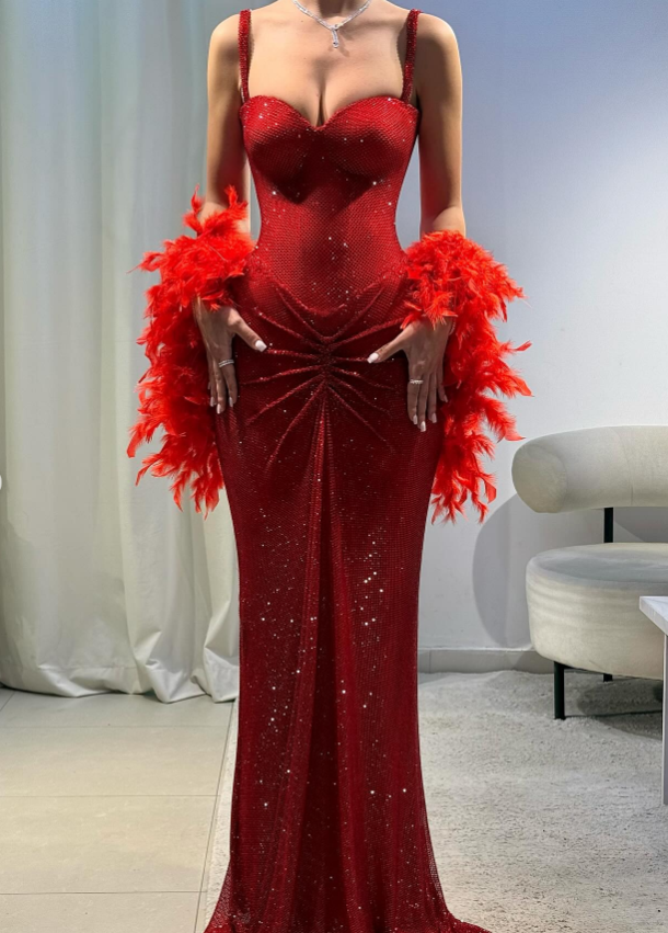 Classy Mermaid Spaghetti Straps Red Sequin Long Prom Dresses Inspo Glitter Prom Gown RB1474