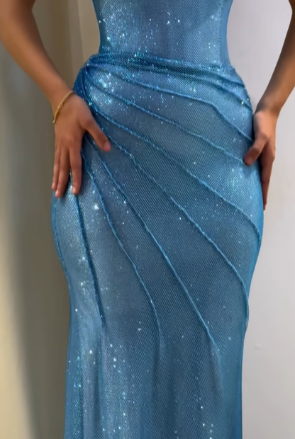 Robe de bal longue sirène brillante à paillettes et décolleté en cœur, sans manches, perles bleues, inspiration RB1375