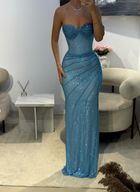 Robe de bal longue sirène brillante à paillettes et décolleté en cœur, sans manches, perles bleues, inspiration RB1375