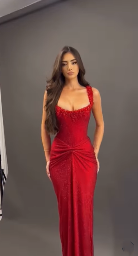 Dream Mermaid Square Neck Beaded Red Sequin Prom Dresses Party Dress 18th Birthday Outfits Graduation Dress RB1491