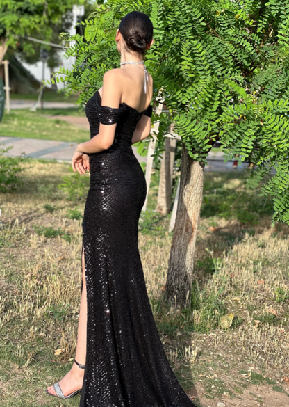 Robe de bal longue noire à paillettes et épaules dénudées, style sirène, tenue de soirée pour 18 ans, style lycée, RB1238