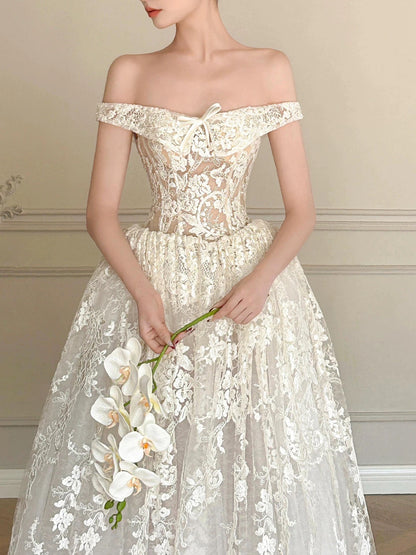 Timeless Ball Gown Off The Shoulder Lace Ivory Wedding Dress With Sleeves Fairytale Wedding Dresses AU471