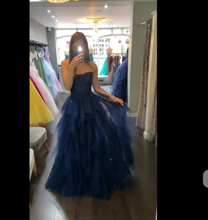 Robe de bal modeste sans bretelles, bustier en tulle bleu marine, robe de princesse AB150