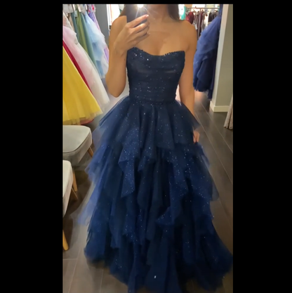 Robe de bal modeste sans bretelles, bustier en tulle bleu marine, robe de princesse AB150