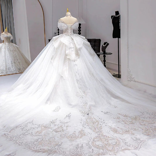 Modest Ball Gown Off The Shoulder Short Sleeves Fitted Tulle Corset Wedding Dress Long Bridal Gown Wedding Dresses DH2909