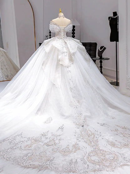 Modest Ball Gown Off The Shoulder Short Sleeves Fitted Tulle Corset Wedding Dress Long Bridal Gown Wedding Dresses DH2909