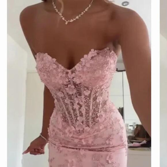Mermaid Sweetheart Sleeveless Tulle Pink Long formal dresses AB941
