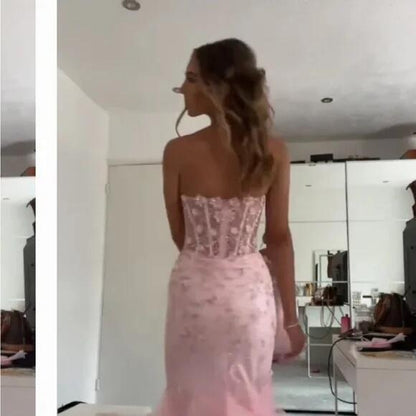 Mermaid Sweetheart Sleeveless Tulle Pink Long Formal Dresses Prom Dress AB942