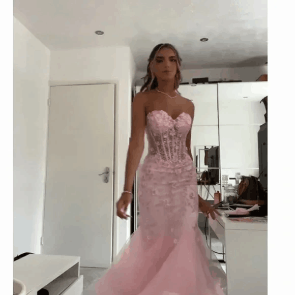 Meerjungfrauen-Kleid, ärmellos, Tüll, langes, rosa, langes Abendkleid mit Herzausschnitt, AB941