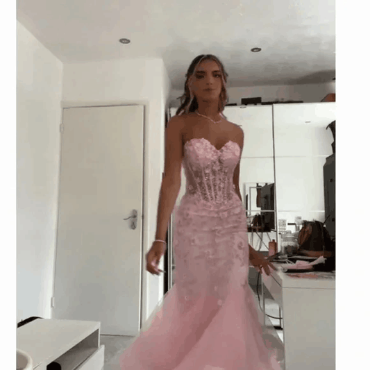 Mermaid Sweetheart Sleeveless Tulle Pink Long Formal Dresses Prom Dress AB942
