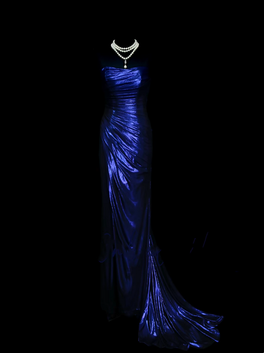 Vintage Mermaid Strapless Royal Blue Senior Prom Dresses High School Long Formal Dress N1327