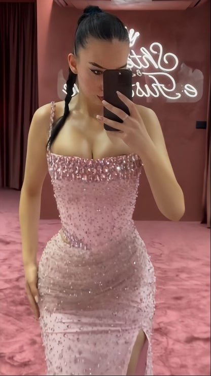 Robe de bal sirène unique à bretelles spaghetti argentées et paillettes roses, robe longue de soirée pour 22e anniversaire, robe de soirée formelle RA002