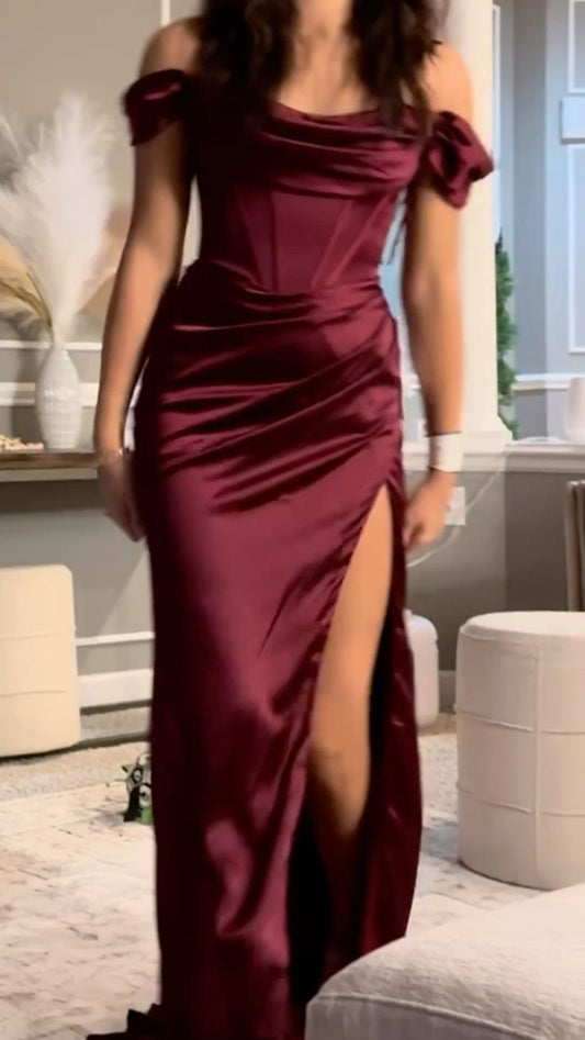 Modest Mermaid Off The Shoulder Burgundy Satin Floor Length Prom Dresses Formal Dress Birthday Outfits Prom Gown RA008