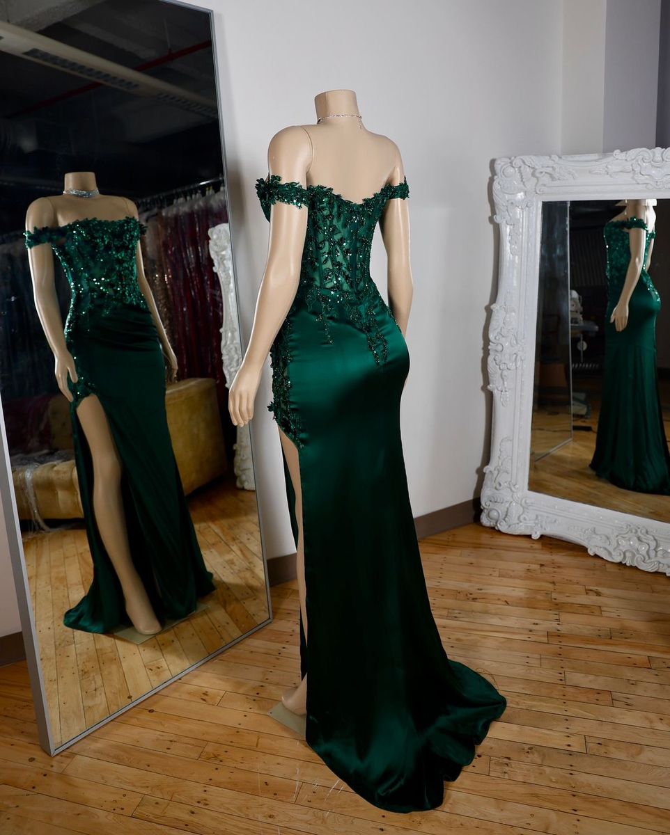Robe de bal sirène modeste à épaules dénudées, en satin vert foncé, longueur au sol, tenue de soirée, tenue d'anniversaire, robe de bal RA009