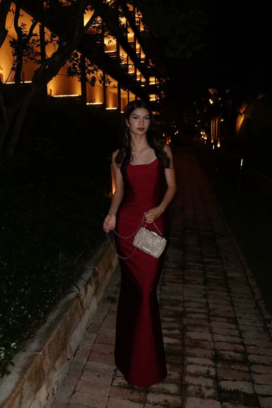 Cheap Mermaid Spaghetti Straps Burgundy Satin Prom Dresses Formal Dress Birthday Outfits Prom Gown RA014