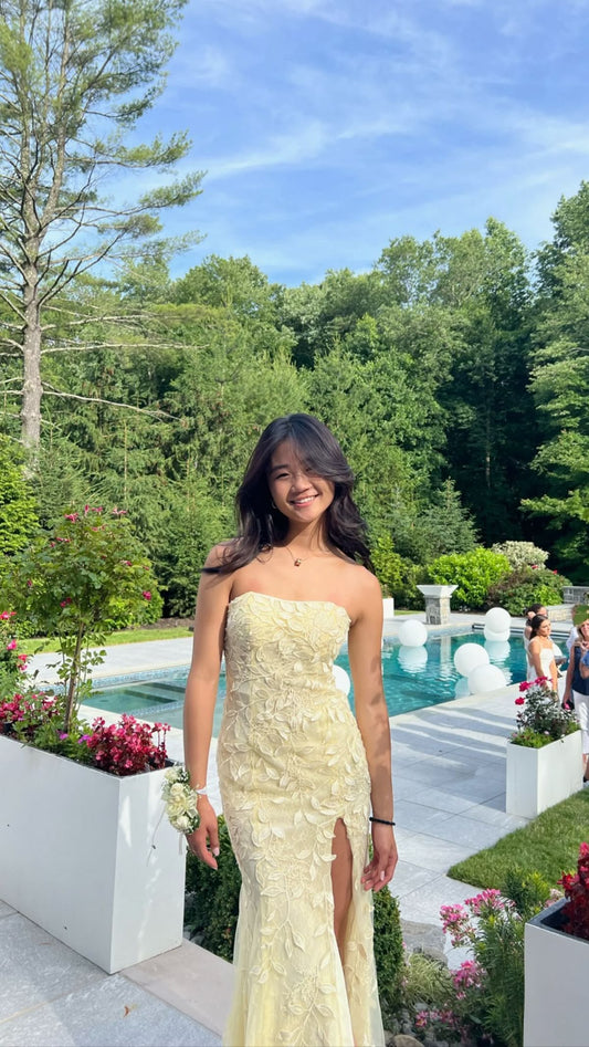 Robe de bal sirène bustier en dentelle jaune, longueur au sol, tenue de soirée, tenue d'anniversaire, RA019