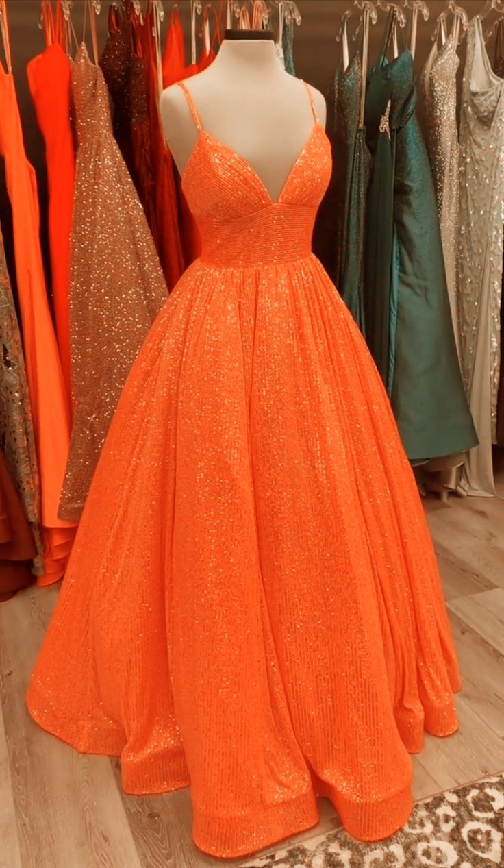 Robe de bal scintillante à bretelles spaghetti et paillettes orange, tenue de soirée pour 18e anniversaire, robe de bal RA021