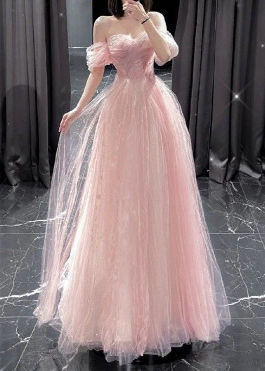 Edle A-Linie, schulterfrei, Tüll, rosa, lange Ballkleider, formelle Kleidung, Geburtstags-Outfits, Ballkleid RA023