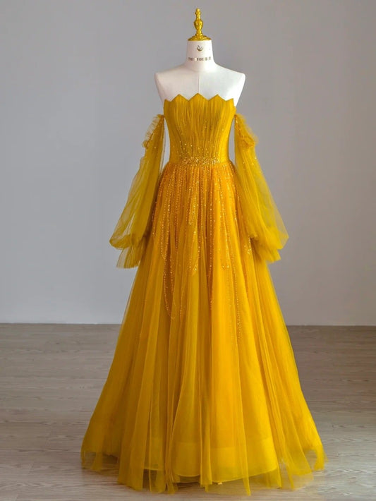 Classy Ball Gown Off The Shoulder Tulle Yellow Long Prom Dresses Formal Dress Birthday Outfits Prom Gown RA025