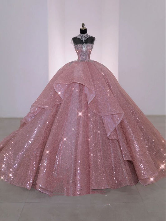 Shiny Quinceanera Dresses Ball Gown Strapless Pink Sequin Birthday Gowns Vestidos De 15 Anos Formal Long Sweet 16 Dress RA026