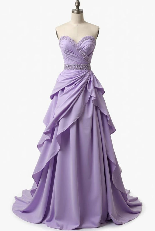 Modest A line Sweetheart Lilac Chiffon Beaded Floor Length Prom Dresses Formal Dress Birthday Outfits Prom Gown RA027