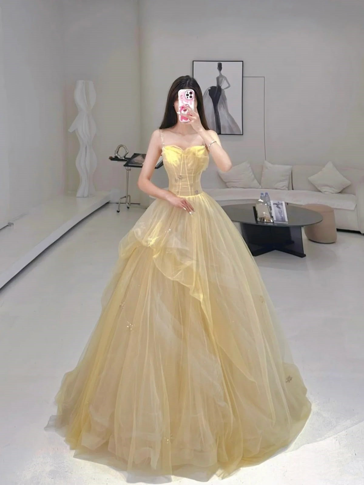 Cute Quinceanera Dresses Ball Gown Spaghetti Straps Yellow Birthday Gowns Vestidos De 15 Anos Formal Long Sweet 16 Dress RA028