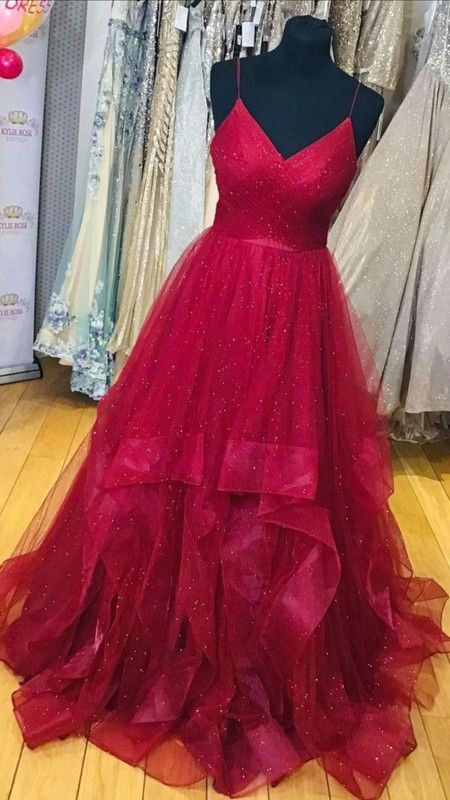 Pretty Ball Gown Spaghetti Straps Burgundy Tulle Prom Dresses Formal Dress 19th Birthday Outfits Prom Gown RA035