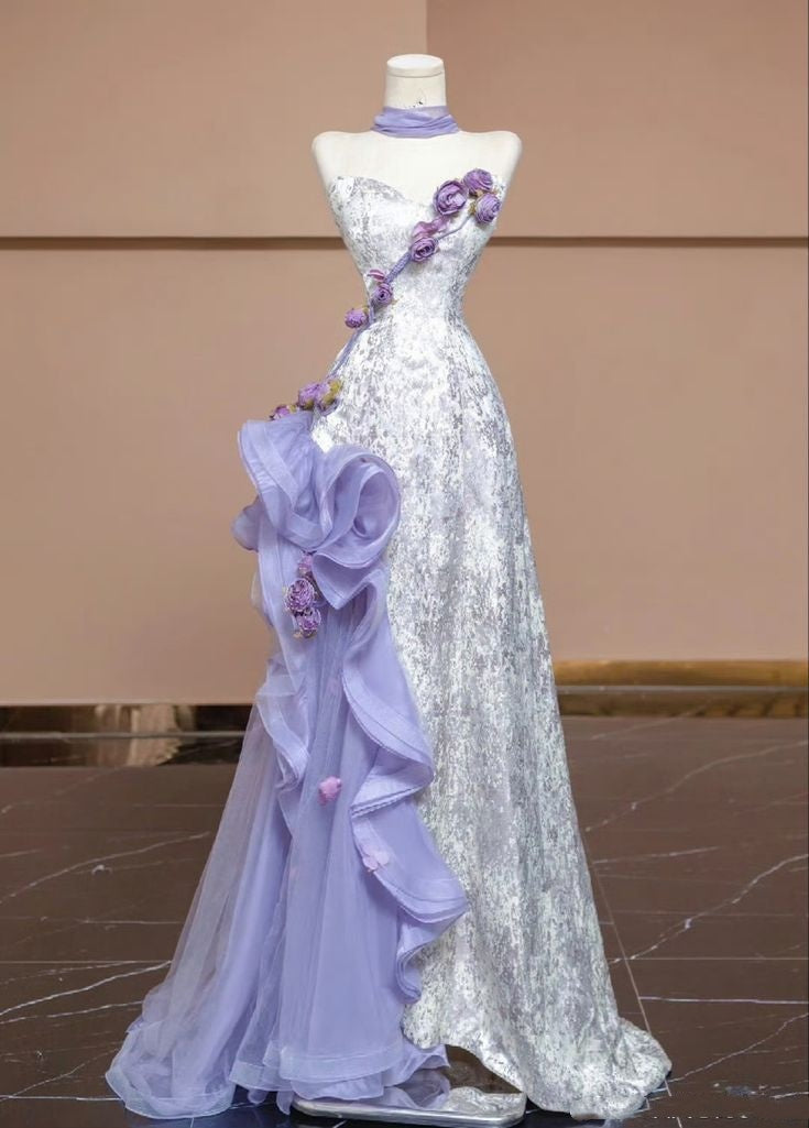 Robe de bal sirène modeste en tulle lilas à paillettes argentées, décolleté en cœur, longueur au sol, tenue de soirée, tenue d'anniversaire, RA037