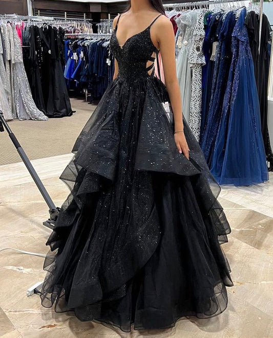 Pretty Ball Gown Spaghetti Straps Black Tulle Prom Dresses Formal Dress 19th Birthday Outfits Prom Gown RA038