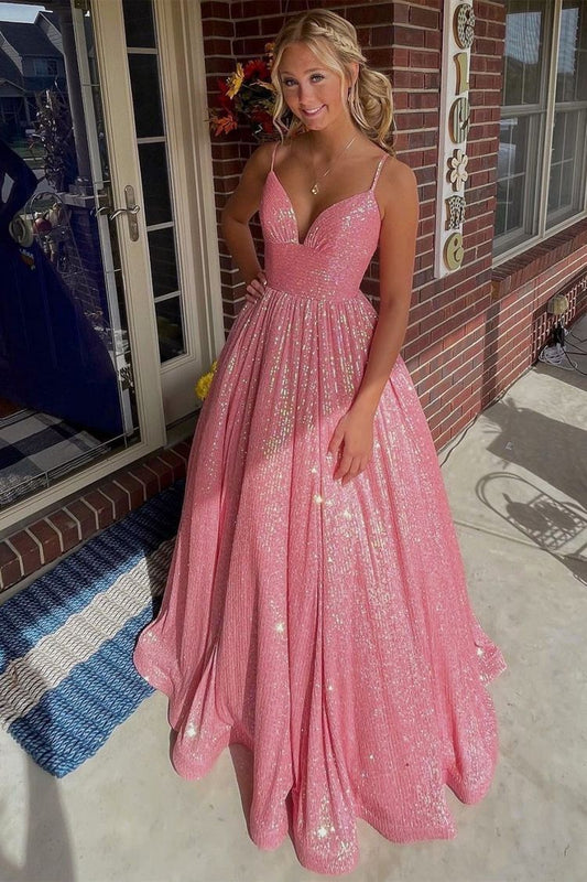 Sparkly Ball Gown Spaghetti Straps Sequin Orange Prom Dresses Formal Dress 18th Birthday Outfits Prom Gown RA021