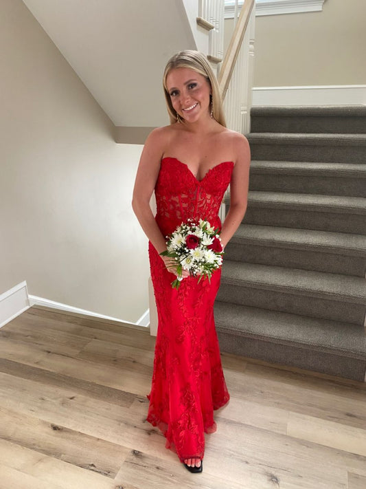 Cute Mermaid Sweetheart Red Lace Floor Length Prom Dresses Formal Dress Birthday Outfits Prom Gown RA043