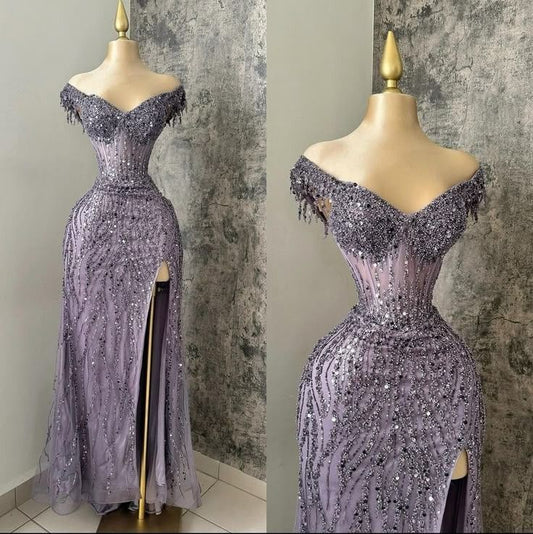 Robe de bal sirène moderne à épaules dénudées, couleur raisin clair, fendue, tenue de soirée pour 18 ans, RA046