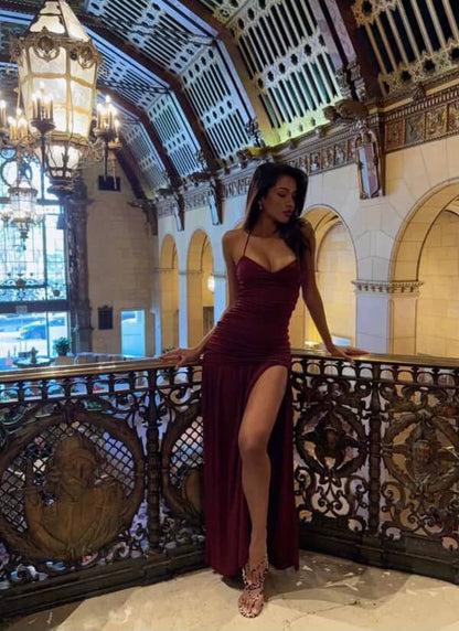 Sexy Mermaid Halter Burgundy Prom Dresses Formal Dress 18th Birthday Outfits Prom Gown RA047