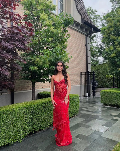 Robe de soirée sirène à bretelles spaghetti et paillettes rouges, robe de bal longue, inspiration RB1302