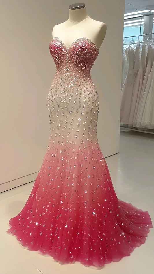 Classy Mermaid Sweetheart Pink Silver Beaded Floor Length Prom Dresses Formal Dress Birthday Outfits Prom Gown RA054