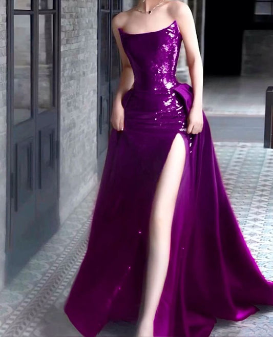 Robe de soirée sirène bustier fendue à sequins et paillettes, tenue de soirée inspirée, RA058