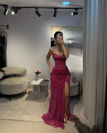 Robe de soirée longue à paillettes rose vif, style sirène, décolleté en cœur, inspiration RA060