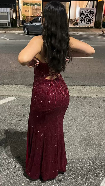 Robe de bal sirène sexy à bretelles spaghetti bordeaux fendue, tenue de soirée pour 18 ans, RA071