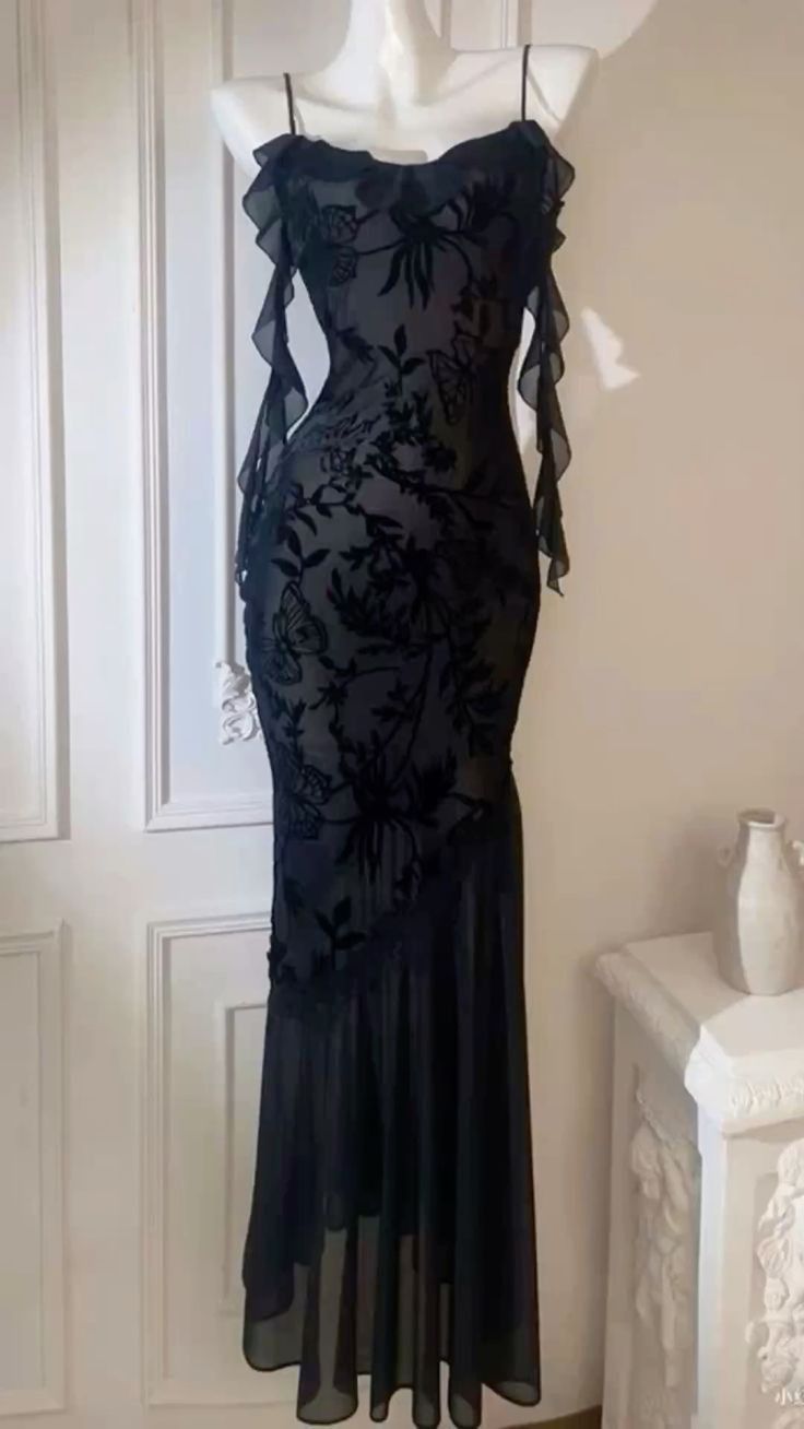 Robe de bal sirène vintage à bretelles spaghetti en dentelle noire, tenue de soirée pour 18e anniversaire, RA076