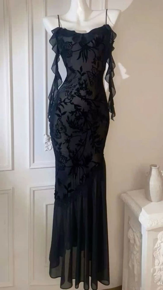 Robe de bal sirène vintage à bretelles spaghetti en dentelle noire, tenue de soirée pour 18e anniversaire, RA076