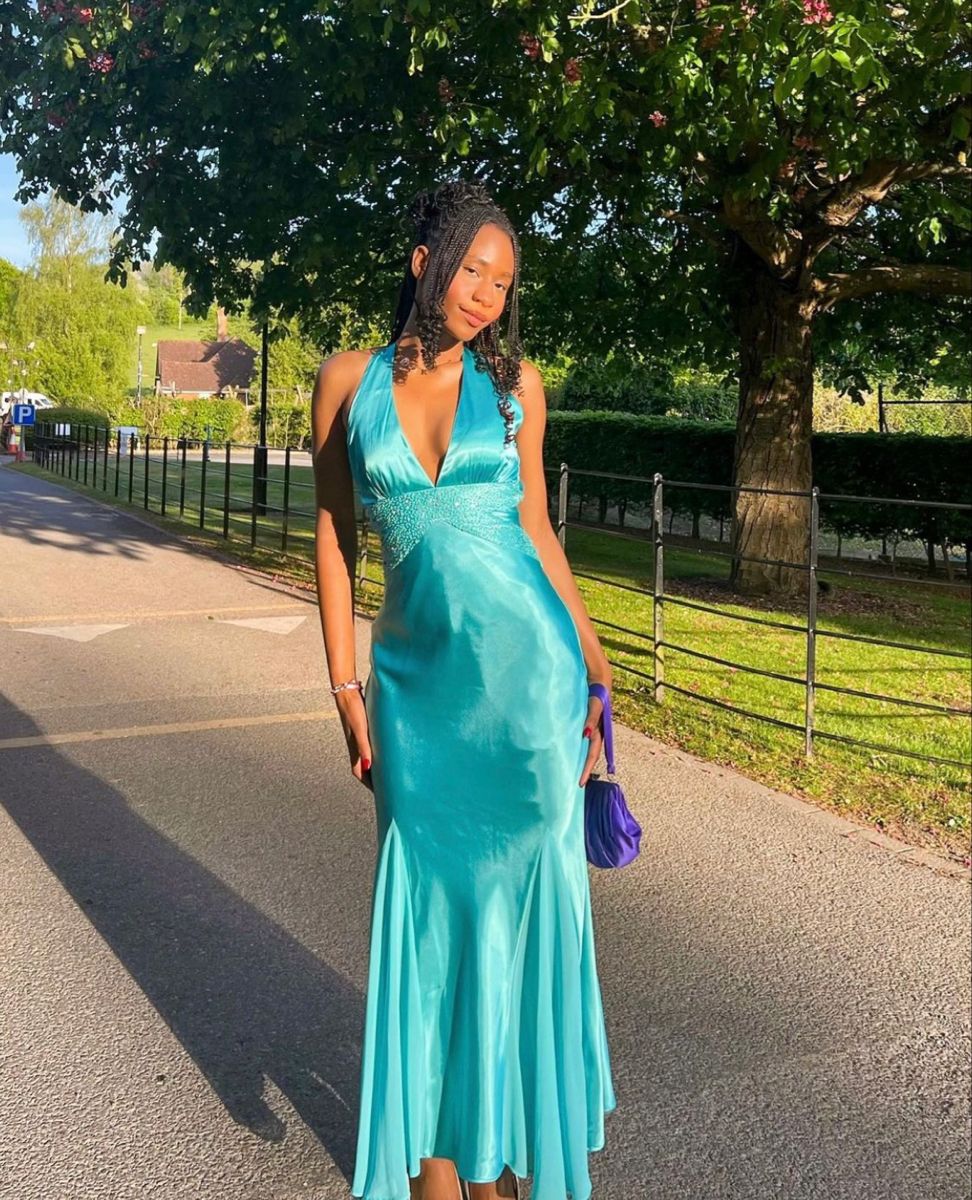 Chic Mermaid V Neck Blue Satin Prom Dresses Formal Dress 18th Birthday Outfits Prom Gown RA081