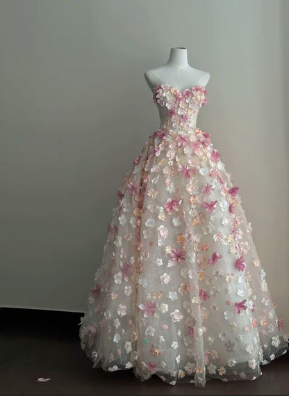 Cute Ball Gown Sweetheart Pink Flowers Long Tulle Quinceanera Dress Sweet 15 16 Dresses RA085