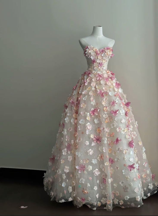 Cute Ball Gown Sweetheart Pink Flowers Long Tulle Quinceanera Dress Sweet 15 16 Dresses RA085