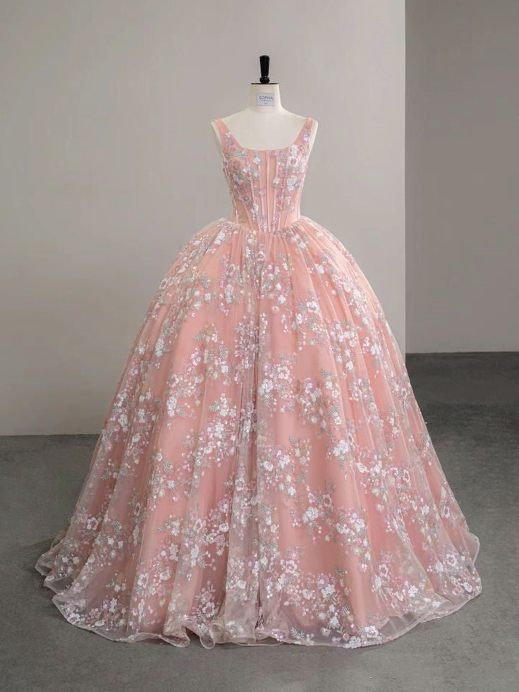 Charmante robe de bal à col carré en dentelle rose longue pour Quinceanera, robes Sweet 15/16, RA088