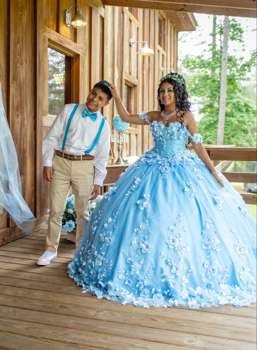 Charmante robe de bal à épaules dénudées et fleurs bleues en satin, longue robe de Quinceanera, Sweet 15/16, RA096