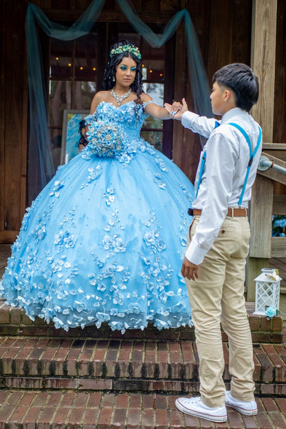 Charmante robe de bal à épaules dénudées et fleurs bleues en satin, longue robe de Quinceanera, Sweet 15/16, RA096