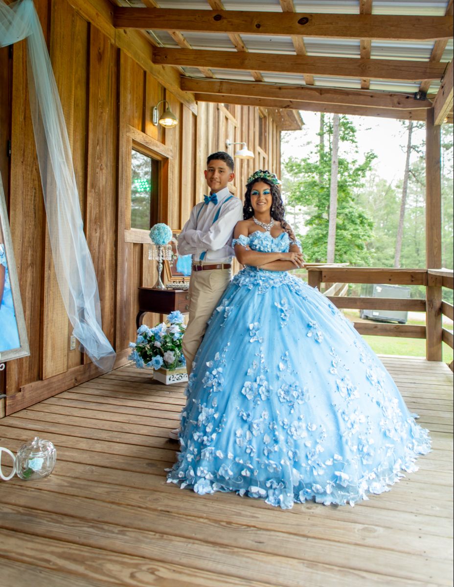 Charmante robe de bal à épaules dénudées et fleurs bleues en satin, longue robe de Quinceanera, Sweet 15/16, RA096