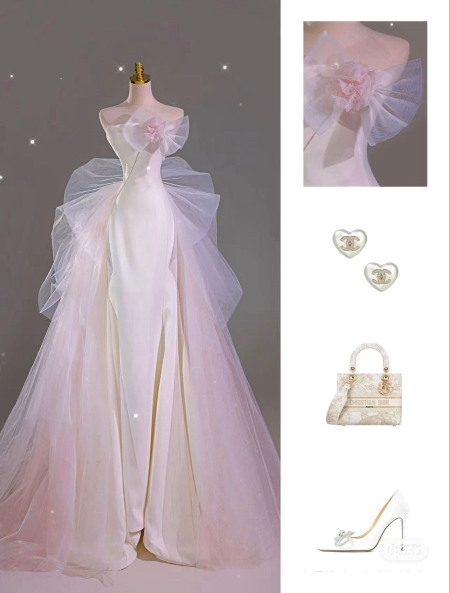 Vintage Mermaid Strapless Sleeveless White Fitted Pleated Long Wedding Dress Bride Gown Wedding Dresses RA098