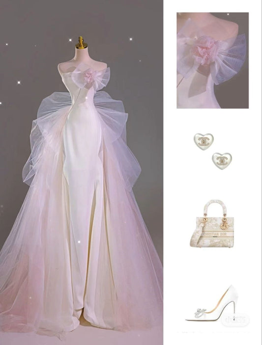 Vintage Mermaid Strapless Sleeveless White Fitted Pleated Long Wedding Dress Bride Gown Wedding Dresses RA098